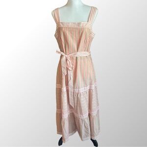 Talbots Dress NWT Size 10‎ Peach & Yellow Stripe Tie-Waist Cotton Midi Sundress